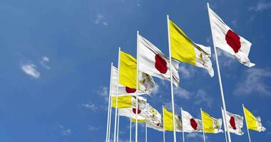 Vatican City and Japan Flags Waving Together in the Sky, Seamless Loop in Wind, Space on Left Side for Design or Information, 3D Rendering video