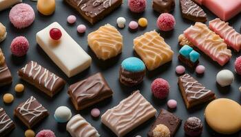AI generated assortment of chocolate and sweets on a black background photo