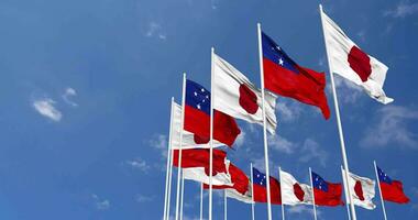 Samoa and Japan Flags Waving Together in the Sky, Seamless Loop in Wind, Space on Left Side for Design or Information, 3D Rendering video