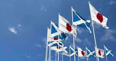 Scotland and Japan Flags Waving Together in the Sky, Seamless Loop in Wind, Space on Left Side for Design or Information, 3D Rendering video