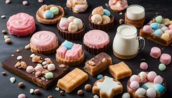 AI generated various types of candy and milk on a black background photo