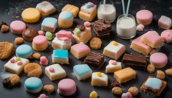 AI generated assorted sweets and milk on a black background photo