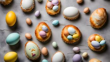 ai generado Pascua de Resurrección huevos en Pastelería conchas en un mesa foto