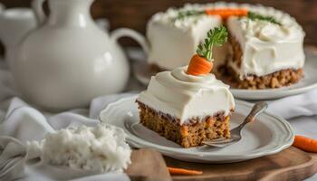 AI generated a carrot cake with cream cheese frosting and a carrot garnish photo