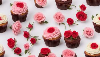 AI generated many cupcakes with pink and red roses on top photo