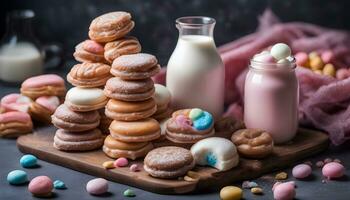 AI generated a stack of colorful donuts and milk bottles on a table photo