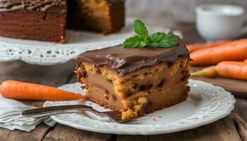 AI generated a piece of carrot cake with chocolate frosting on a plate photo