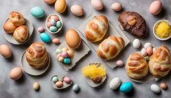 AI generated various easter eggs and breads on a table photo