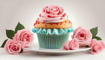 AI generated cupcake with pink frosting on white plate with roses photo