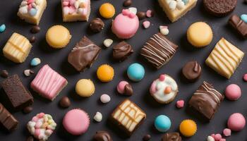 AI generated various types of chocolate and candy on a black background photo