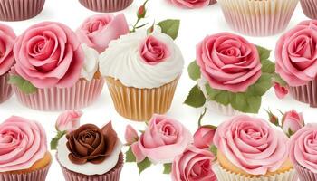 AI generated a collection of cupcakes with pink roses photo