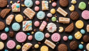 AI generated colorful candy and sweets on a black background photo