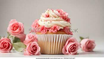 AI generated cupcake with pink roses stock photo