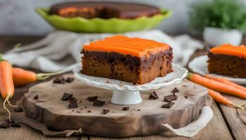 AI generated carrot cake with chocolate frosting on a wooden table photo