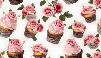 AI generated cupcakes with pink frosting and roses on a white background photo