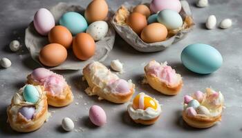 AI generated easter eggs with cream and colored eggs on a table photo