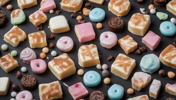 AI generated assorted sweets on a black background photo