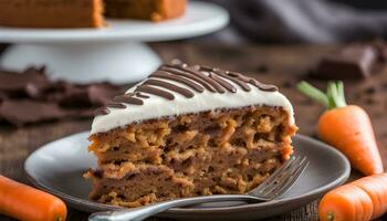 AI generated a slice of carrot cake with frosting and chocolate chips photo