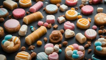 AI generated assortment of colorful sweets on a black background photo