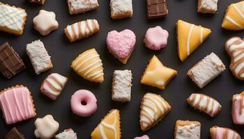 AI generated many different types of cookies are arranged on a black background photo