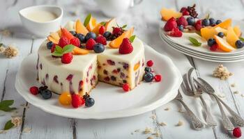 AI generated a cake with fruit on it and a fork photo