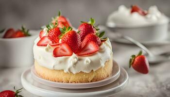 ai generado un pequeño pastel con azotado crema y fresas foto