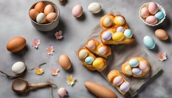 ai generado Pascua de Resurrección huevos y pasteles en un mesa foto