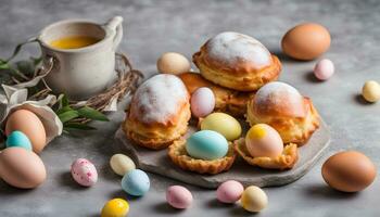 AI generated easter eggs and pastries on a plate with a cup of coffee photo