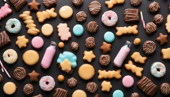 ai generado muchos diferente tipos de galletas y golosinas en un negro antecedentes foto