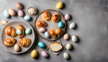 AI generated easter eggs and croissants on a gray background photo