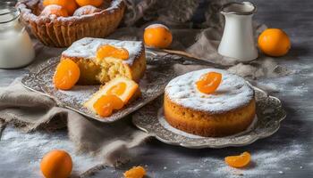 ai generado un pastel con naranja rebanadas y Leche en un plato foto