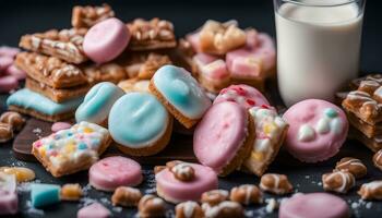 AI generated assortment of colorful cookies and milk on a dark background photo