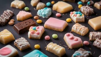 AI generated assorted sweets on a black background photo