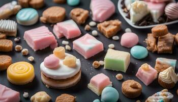AI generated assortment of sweets on a black background photo