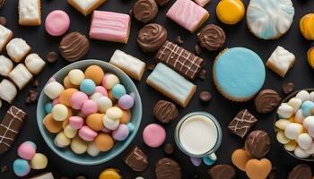 AI generated various types of cookies and sweets on a black background photo
