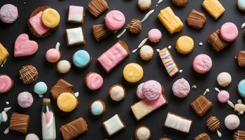 AI generated many different types of candy and sweets on a black background photo