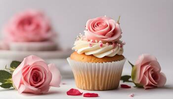 AI generated a cupcake with pink roses and a plate of cupcakes photo