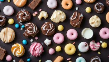 ai generado varios tipos de chocolate y rosquillas en un negro antecedentes foto