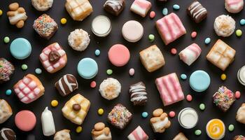 ai generado muchos diferente tipos de rosquillas y dulces en un negro antecedentes foto