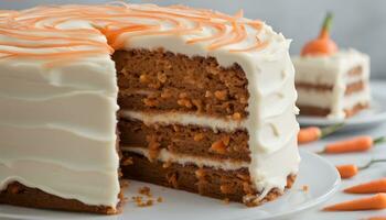 AI generated a carrot cake with frosting and a slice taken out photo