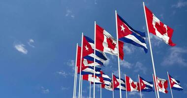 Cuba and Canada Flags Waving Together in the Sky, Seamless Loop in Wind, Space on Left Side for Design or Information, 3D Rendering video