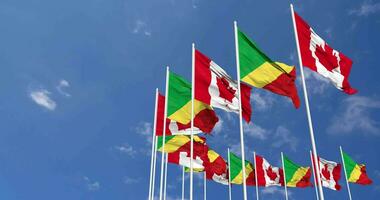 Congo and Canada Flags Waving Together in the Sky, Seamless Loop in Wind, Space on Left Side for Design or Information, 3D Rendering video