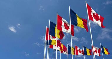 Chade e Canadá bandeiras acenando juntos dentro a céu, desatado ciclo dentro vento, espaço em esquerda lado para Projeto ou Informação, 3d Renderização video