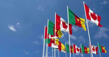 Cameroon and Canada Flags Waving Together in the Sky, Seamless Loop in Wind, Space on Left Side for Design or Information, 3D Rendering video