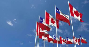 Chile and Canada Flags Waving Together in the Sky, Seamless Loop in Wind, Space on Left Side for Design or Information, 3D Rendering video