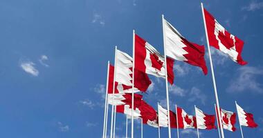 Bahrain and Canada Flags Waving Together in the Sky, Seamless Loop in Wind, Space on Left Side for Design or Information, 3D Rendering video