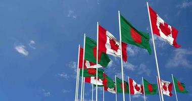 Bangladesh and Canada Flags Waving Together in the Sky, Seamless Loop in Wind, Space on Left Side for Design or Information, 3D Rendering video
