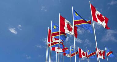 DR Congo and Canada Flags Waving Together in the Sky, Seamless Loop in Wind, Space on Left Side for Design or Information, 3D Rendering video