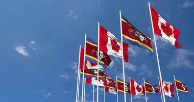 eswatini och kanada flaggor vinka tillsammans i de himmel, sömlös slinga i vind, Plats på vänster sida för design eller information, 3d tolkning video