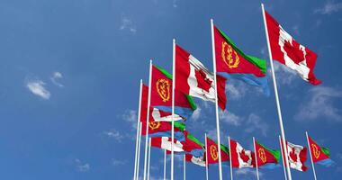 Eritrea and Canada Flags Waving Together in the Sky, Seamless Loop in Wind, Space on Left Side for Design or Information, 3D Rendering video